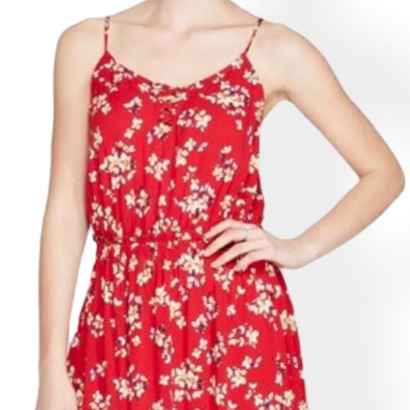Xhilaration Red Floral Striped V-Neck Strappy Lace-Up Top Midi dress - Picture 3 of 9